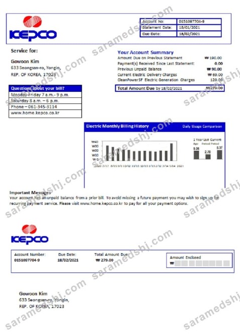 South Korea Electric Power Corporation electricity utility bill template in Word and PDF format